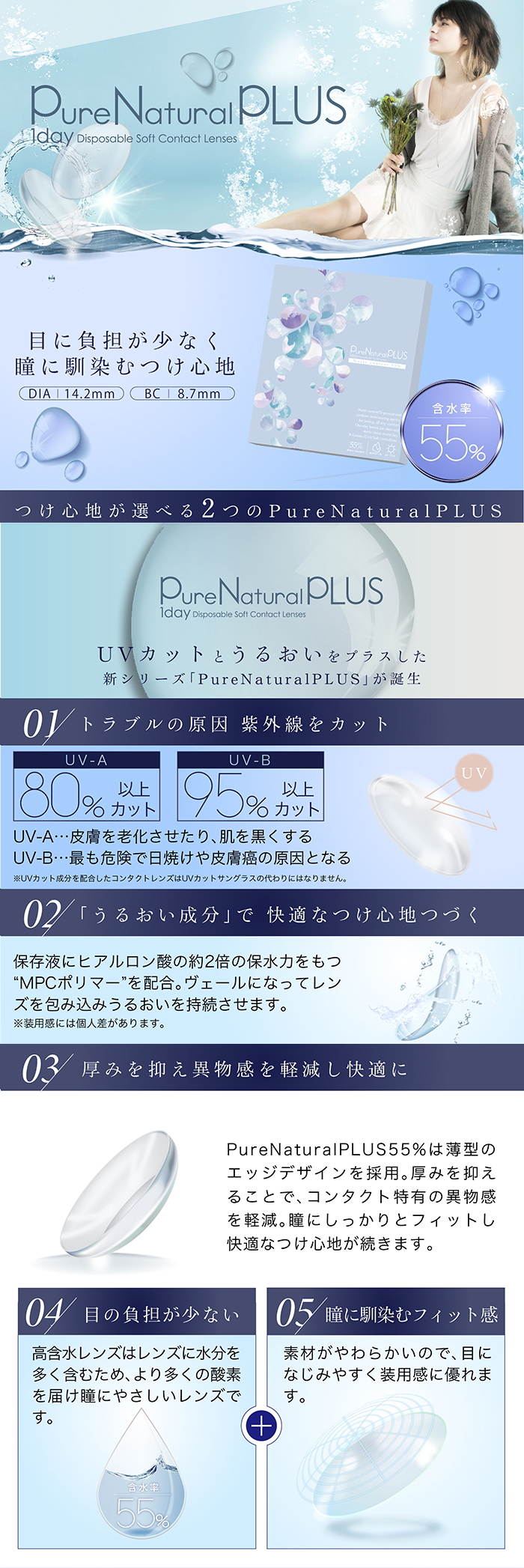 ピュアナチュラルプラス55% 1箱（1箱30枚入）1日使い捨てコンタクトレンズ コンタクトレンズ通販【ポスト便送料無料】【同梱不可】 【 ピュアナチュラルプラス55％】 ｜ 湘南コンタクトレンズ